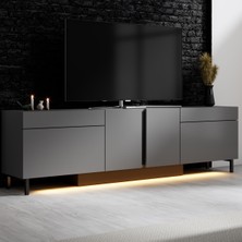Modatte Mobilya MODATTE Paris Siyah Demir Ayaklı Rgb LED Işık Sistemli Antrasit Tv Ünitesi Tv Sehpası