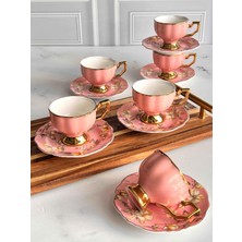 Rossev Porselen Türk Kahve Fincanı 6 Kişilik 12 Parça Eldon Pembe