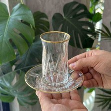 12 Parça 6 Kişilik Gold Çerçeveli Çay Seti 6 Bardak 6 Tabak -Lüks Sunum Zoe Gold