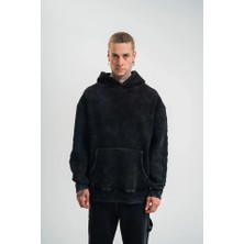 Meğdaix Unisex Uzun Kol Kapşonlu Yıkamalı Nakışlı Sweatshirt - Siyah