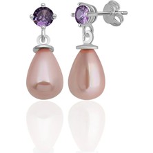 Azuris Silver 926 Ayar Gümüş 4 mm Mor Zirkon Taş Damla Pembe Kabuk Inci Saplamalı Küpe