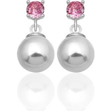 Azuris Silver 925 Ayar Gümüş 4 mm Pembe Zirkon Taş 8 mm Beyaz Kabuk Inci Saplamalı Küpe