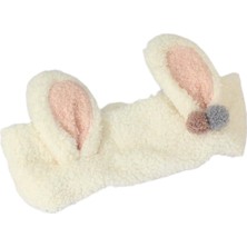 Braventa Collection Toyaş Tavşan Kulaklı Peluş Bandana Makyaj Spa Saç Bandı Beyaz