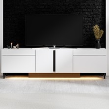 Modatte Mobilya MODATTE Paris Siyah Demir Ayaklı Rgb LED Işık Sistemli Beyaz Tv Ünitesi Tv Sehpası