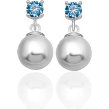 Azuris Silver 925 Ayar Gümüş 4 mm Mavi Zirkon Taş 8 mm Beyaz Kabuk Inci Saplamalı Küpe