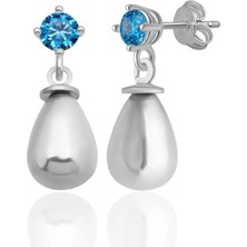 Azuris Silver 925 Ayar Gümüş 4 mm Mavi Zirkon Taş Damla Beyaz Kabuk Inci Saplamalı Küpe