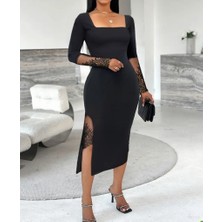 Meğdaix Kadın Uzun Kollu Geometrik Yakalı Dantel Detaylı Midi Ithal Krep Elbise