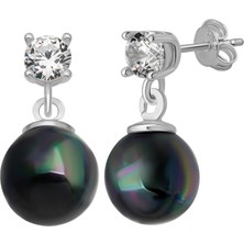 Azuris Silver 925 Ayar Gümüş Kabuk Inci 8 mm Mayorka Kusursuz Şekil 4 mm Elmaz Rengi Zirkon Taşlı Saplamalı Küpe