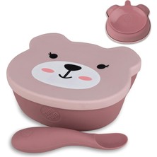 Braventa Collection Tum Tum Bebek Tabağı Vantuzlu Kapaklı ve Kaşıklı, Bebek Yemek Takımı 6 Ay +, Betsy Ayı, Pembe