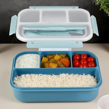 Braventa Collection Sızdırmaz Contalı Yemek Kabı - 4 Bölmeli Çatal Kaşıklı Diyet Beslenme Kutusu Lunch Box Mavi