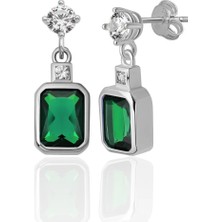 Azuris Silver 925 Ayar Gümüş Pırlanta Montur Beyaz ve Zümrüt Rengi Saplamalı Küpe