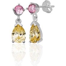 Azuris Silver 926 Ayar Gümüş 4 mm Pink Kuvars Rengi 6*8 Damla Citrin Rengi Zirkon Taşlı Saplamalı Küpe