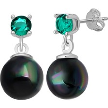 Azuris Silver 925 Ayar Gümüş Kabuk Inci 8 mm Mayorka Kusursuz Şekil 4 mm Zümrüt Rengi Zirkon Taşlı Saplamalı Küpe