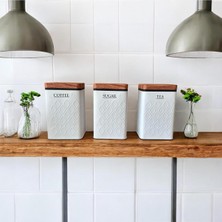 Braventa Collection Ucr Home Yeni Desen Premium 3'lü Metal Çay Kahve Şeker Saklama Kavanozu - Beyaz