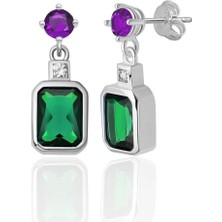 Azuris Silver 925 Ayar Gümüş Pırlanta Montur Mor ve Zümrüt Rengi Saplamalı Küpe