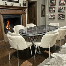 Msy Home 6 Kişilik Aura Krom Serisi Ironi Lake Oval Yemek Masası ve Puffy Krem Sandalye Takımı Modern