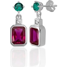 Azuris Silver 925 Ayar Gümüş Pırlanta Montur Zümrüt ve Yakut Rengi Saplamalı Küpe