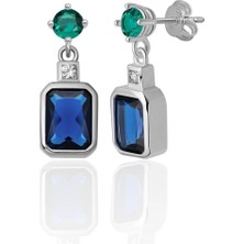 Azuris Silver 925 Ayar Gümüş Pırlanta Montur Zümrüt ve Safir Rengi Saplamalı Küpe