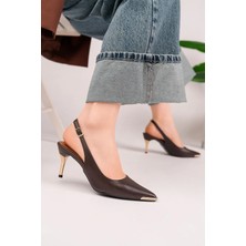 Homiro Kadın Sivri Burun Metal Detaylı Ince Topuklu Slingback Ayakkabı - Kahverengi