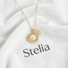 Stelia 316L Çelik Zincir Gold Renk Incili Deniz Kabuğu Model Zirkon Taşlı Kadın Kolye