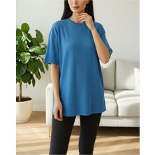 Modamorfo Bisiklet Yaka Fitilli Yırtmaçlı Tişort -Mavi