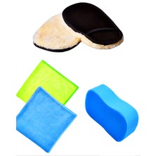 Braventa Collection 4’lü Araç Temizlik ve Detay Bakım Seti, 2’li Mikrofiber Bez + Yün Polisaj Eldiveni + Araç Yıkama Sün