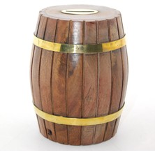 Ergün Collection Pirinç Ahşap Fıçı Kumbara 12.5 cm