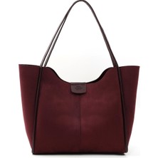 Braventa Collection Bordo Süet SHK76 Çıtçıtlı Fitil Askılı Suni Deri Makyaj Çantalı Büyük Boy Kadın El ve Omuz Çantası B