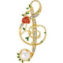 Braventa Collection Nota Anahtarı Broşu – Altın Renk Kristal Taşlı Müzik Broşu, Kırmızı Gül & Inci Detaylı, Şık Broş ve