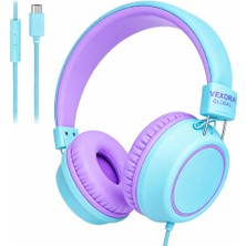 VEXORA GLOBAL Type-C Kablolu Kulaklık, Mikrofonlu, Yumuşak Kulak Pedli, Ayarlanabilir Başlık, Katlanabilir Tasarım, Tablet Laptop Telefon Pc ile Uyumlu, Çocuk ve Yetişkin Için Kulaklık, Mavi-Mor