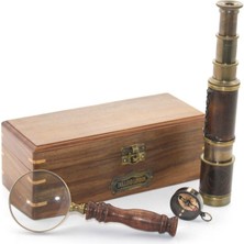 Ergün Collection Ahşap Kutu Pirinç Pusula, Dürbün, Büyüteç, Seti Model 2