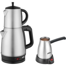Braventa Collection STM-5845 ve SCM-2967 Çelik Set – 360° Dönebilen Kablosuz Çay Makinesi ve Türk Kahvesi Cezvesi, Şık P
