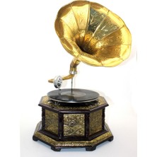 Ergün Collection Ahşap Sekizgen Gramofon Taş  Plak Çalar Metal Kaplamalı