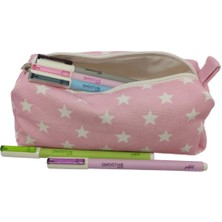 Braventa Collection Pembe Yıldız Desenli Astarlı Yıkanabilir Bez Kalemlik Kalem Kutusu Makyaj Çantası