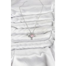 VeraGlobe Buğz 316L Çelik Zincir Gümüş Renk Kanatlı Kalp Model Zirkon Taşlı Kadın Kolye - Buğz