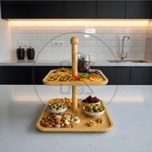 Iki Katlı Bambu Kare Sunumluk Dekoratif Kurabiyelik ve Meyvelik Şık Mutfak Servis Standı | Kitchera Home
