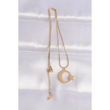 VeraGlobe Buğz 316L Çelik Zincir Gold Renk Ay Yıldız Unisex Kolye - Buğz