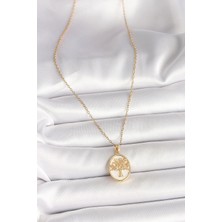 VeraGlobe Buğz 316L Çelik Gold Renk Zincir Zirkon Taş Detaylı Beyaz Mineli Ağaç Işlemeli Portre Model Kadın Kolye - Buğz