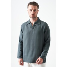 Tena Erkek Çam Yeşili Uzun Kol V Ayaklı Yaka Regular Müslin Gömlek