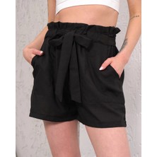 Ergün Collection Kuşaklı Keten Şort Siyah S255265