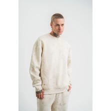 Meğdaix Erkek 3 Iplik Pamuklu Yağ Yıkamalı Sweatshirt Double Oversize Bisiklet Yaka Uzun Kol - Krem