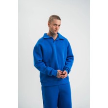 Sidelya Concept Erkek Patlı Yaka Üç Iplik Pamuklu Sweatshirt Double Oversize Rahat Kalıp Günlük Kullanım - Mavi