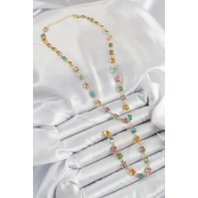 VeraGlobe Buğz Pirinç Asorti Kare Model Gold Renk Zirkon Taşlı Y Kolye - Buğz