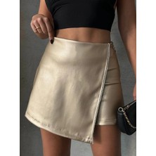 Ergün Collection Taşlı Şort Etek Deri Gold H240018