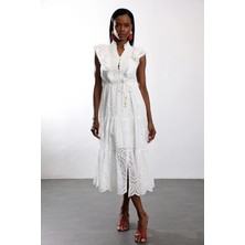 5in1Canpolat Beyaz Kemerli Fisto Elbise 8080