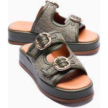 Mubiano Kadın Terlik Hasır Detaylı Çift Bantlı Tokalı Platform Taban Kalista Haki