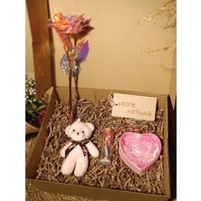 Paganca Pembe Ayıcık Anahtarlık - Kalpli Tüllü Kutu - Dilek Şişesi - Sonsuzluk Gülü Kutulu Hediye Seti