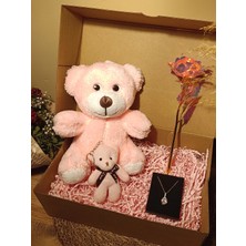 Paganca Pembe Ayıcık 25CM - Ayıcık Anahtarlık - Çelik Damla Kolye - Sonsuzluk Gülü Hediye Seti