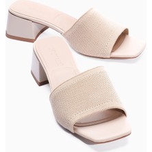 Mubiano Kadın Triko Terlik Kare Burun Topuklu Laria Bej