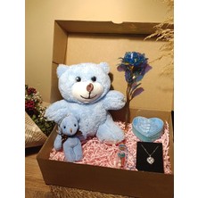 Paganca Mavi Ayıcık 25CM - Anahtarlık - Dilek Şişesi - Kalpli Kutu - Sonsuzluk Gülü - Kolye Hediye Seti